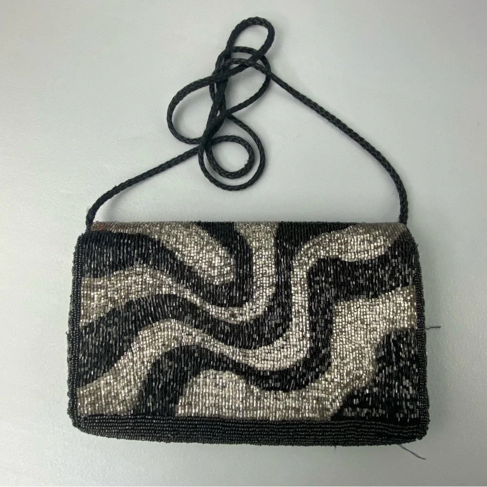 Walborg vintage beaded black & silver evening crossbody bag